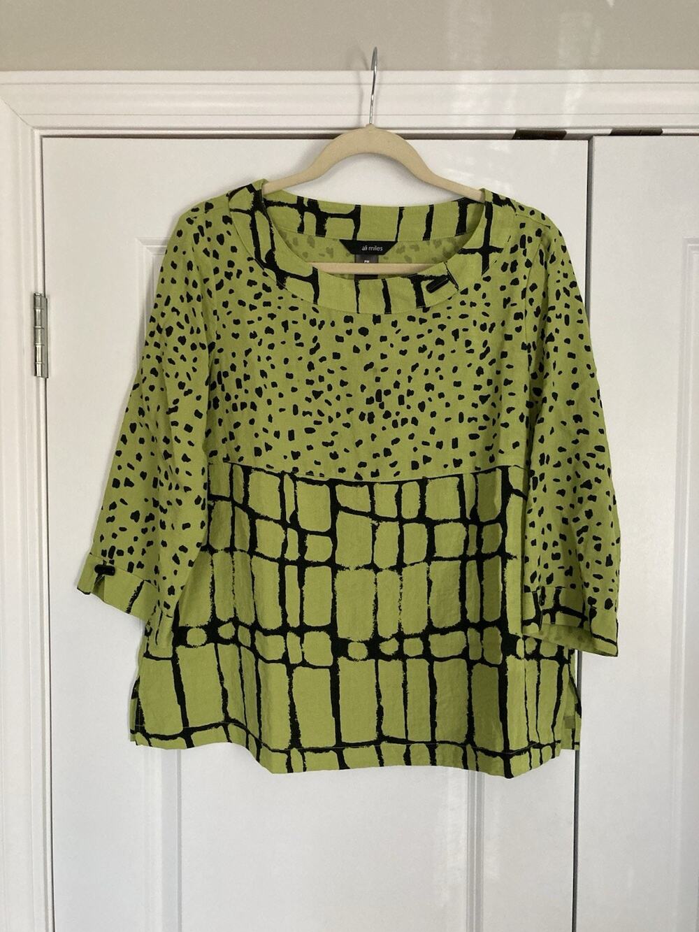 Ali Miles Top Plus Size PM Green Abstract Tile Print Art-to-Wear Boho Lagen Look